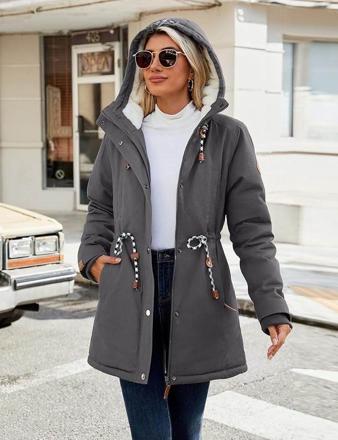 Womens Winter Parka Jacket Fleece Lined Hooded Thermal Coat Grey XXL