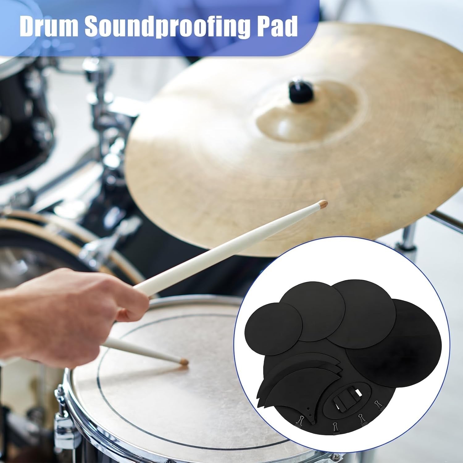 10Pc Drum Silencer Pads Foam Dampeners Set Cymbal Clips Noise Reduction