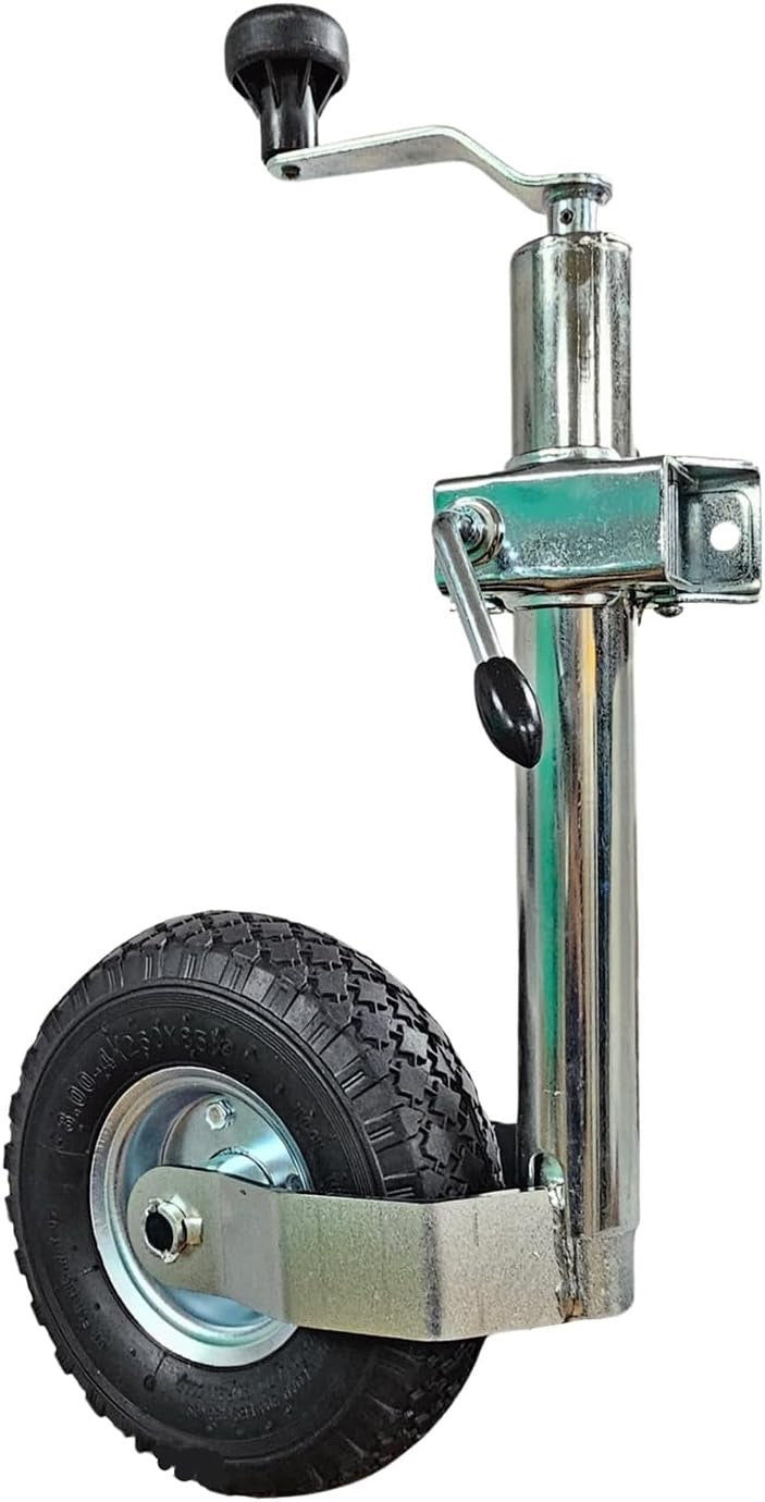 Jockey Wheel 48mm Pneumatic 10in Trailer Caravan Clamp Top Wind Galvanised Heavy