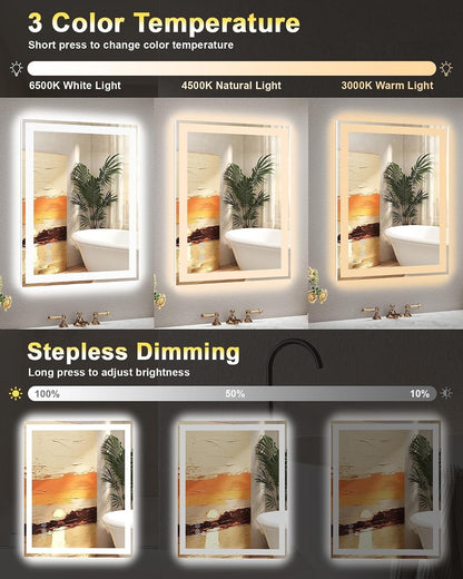Bathroom Mirror LED 24x32in Front Backlit Anti-Fog Dimmable 3 Color Temperature