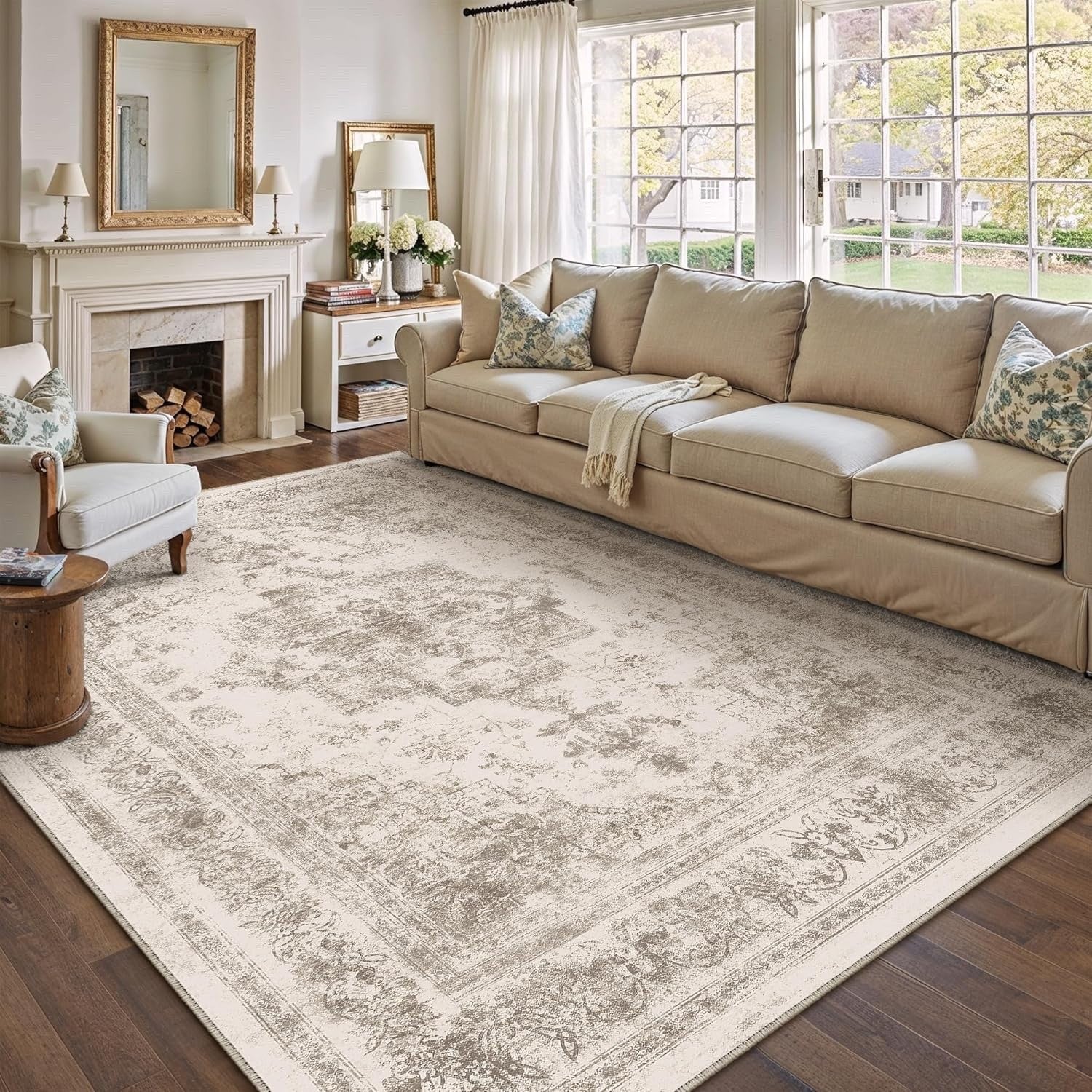 Vintage Beige Rug Washable Non Slip 300x400cm Living Room Bedroom Carpet Mat