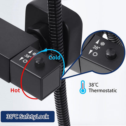 Thermostatic Shower Mixer Set Rainfall Head Rail Kit Anti Scald Black Square