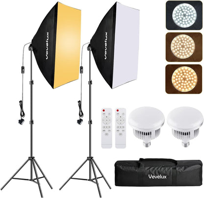 Photography Softbox Lighting Kit 2x45W LED 50x70cm Dimmable Stands Remote 6600K