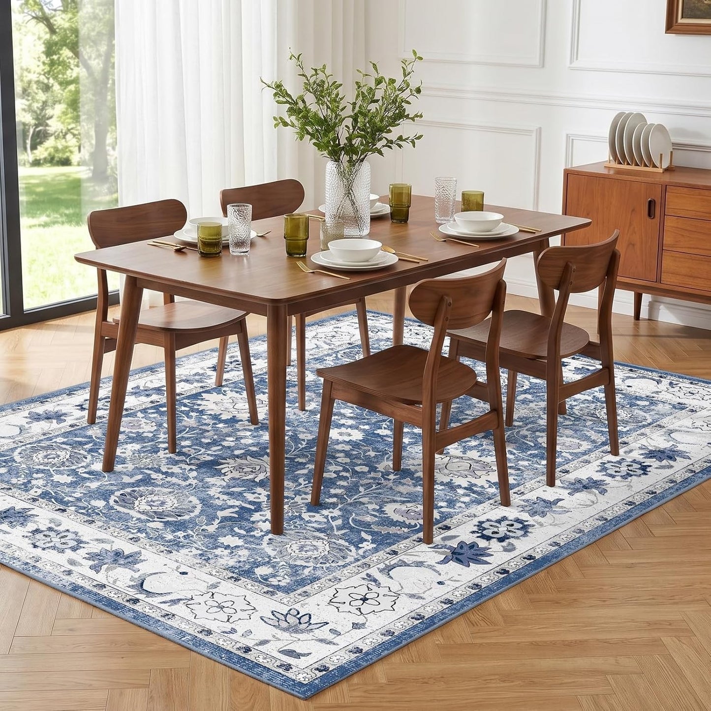 Vintage Area Rug 200x300cm Blue Washable Non Slip Low Pile Floral Floor Mat