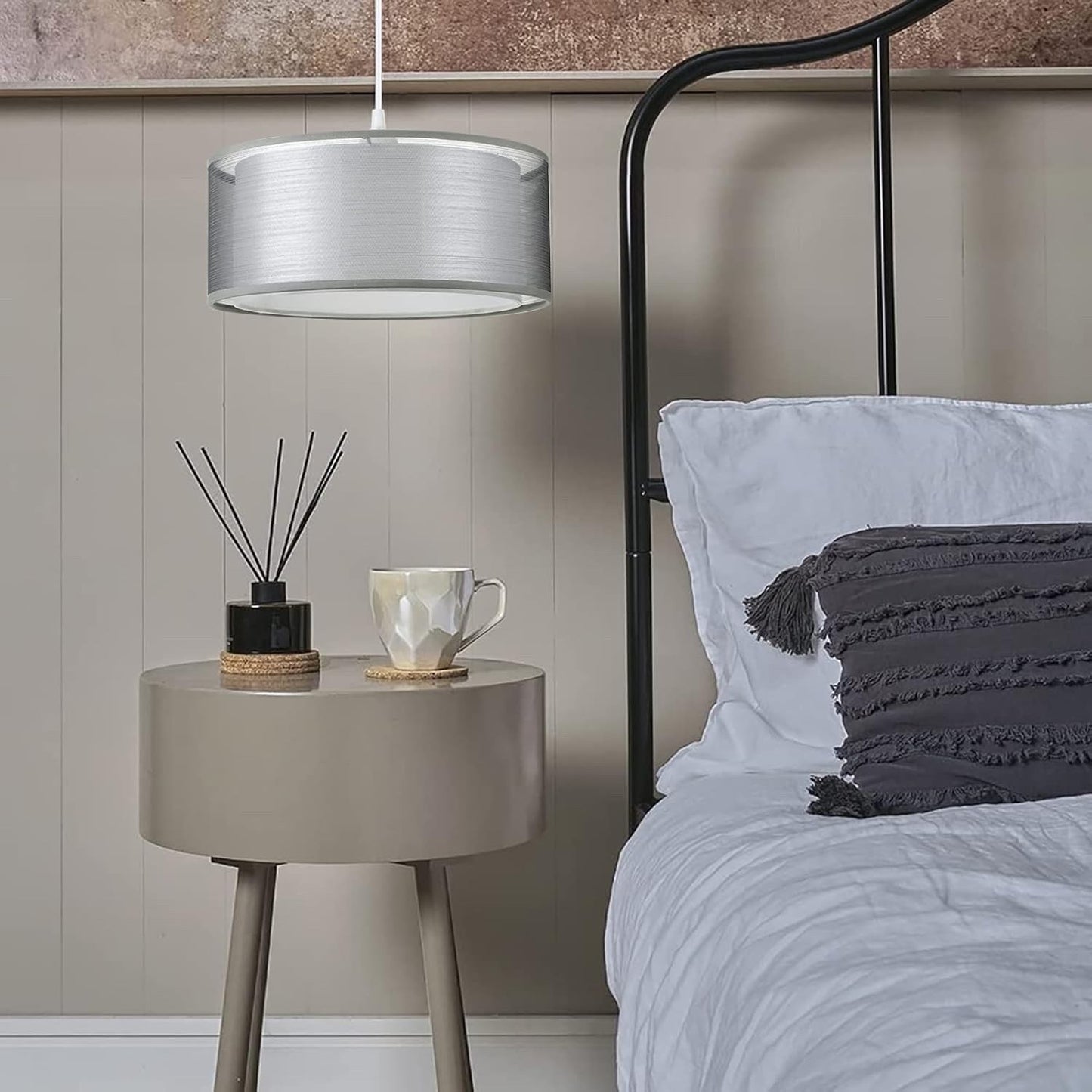 Modern Grey Ceiling Light Shade 2 Tier Drum Fabric Lampshade 30cm