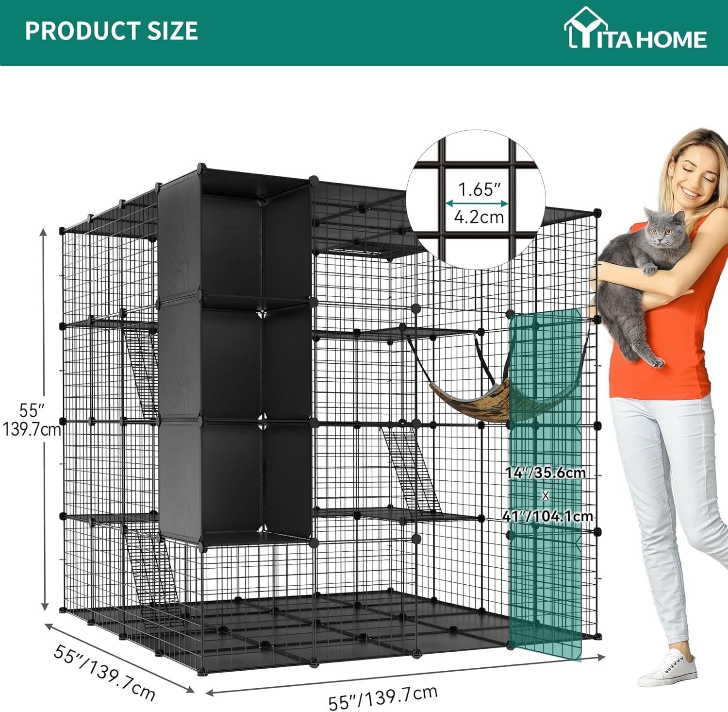 YITAHOME Large Metal Cat Cage Indoor Catio 4-Tier Playpen with Hammock – Black