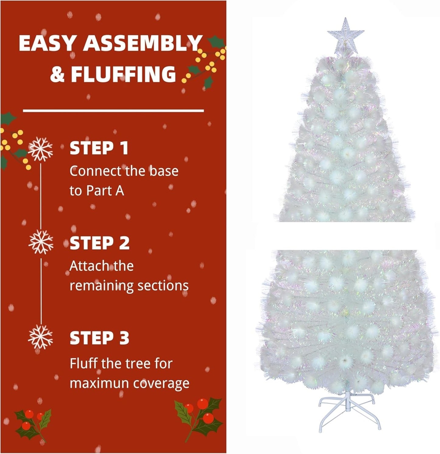5ft White Fiber Optic Pre Lit Christmas Tree 180 Tips Color Change Star Stand