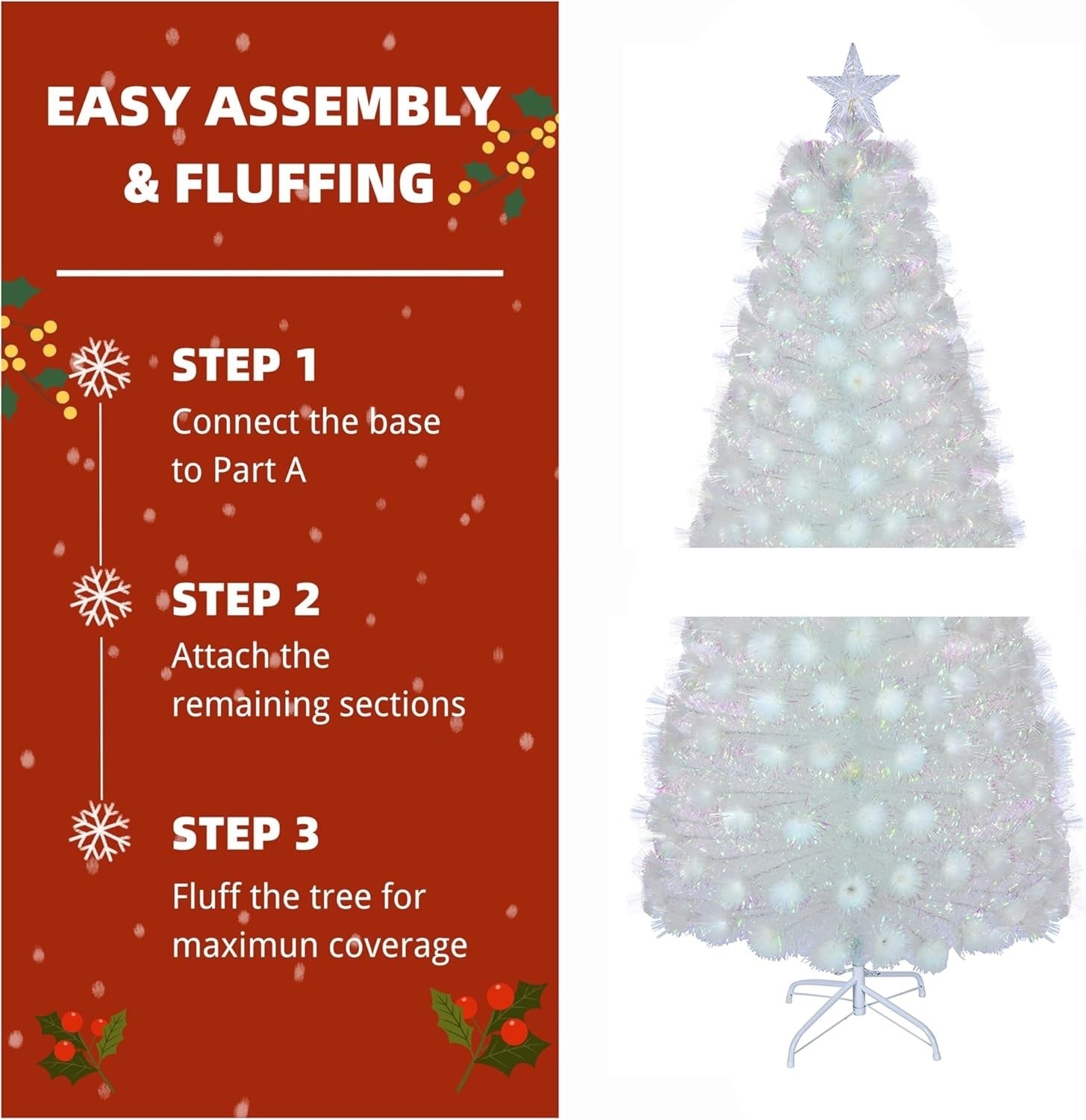 5ft White Fiber Optic Pre Lit Christmas Tree 180 Tips Color Change Star Stand