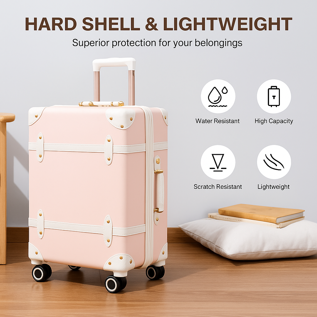 Urecity Vintage Leather Suitcase Zip Luggage 4 pcs 14" 20" 24" 28" Pink Roller