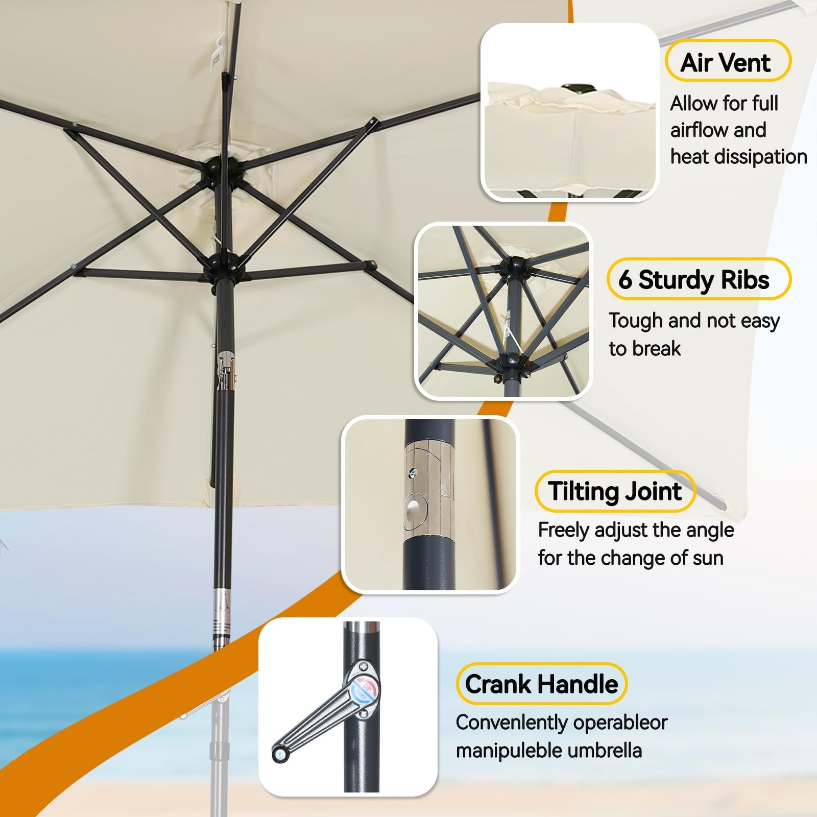 Garden Parasol Umbrella 210x140cm Crank Tilt Patio Sun Shade Cream