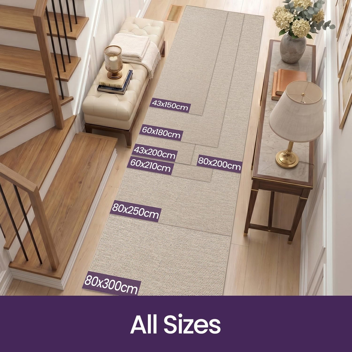 Hallway Runner Rug Carpet 80x300cm Non Slip Rubber Backed Absorbent Khaki Low Pi