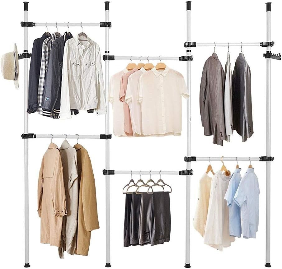 Clothes Rack Heavy Duty 4 Pole 6 Rail Adjustable Steel Garment Wardrobe 60kg