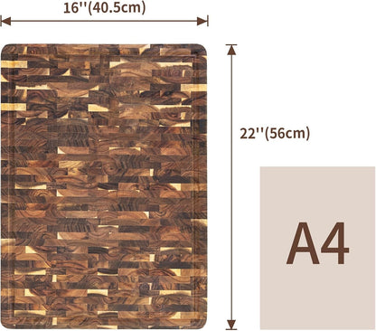 Large Acacia Cutting Board 22x16in End Grain Butcher Block Juice Groove Handle