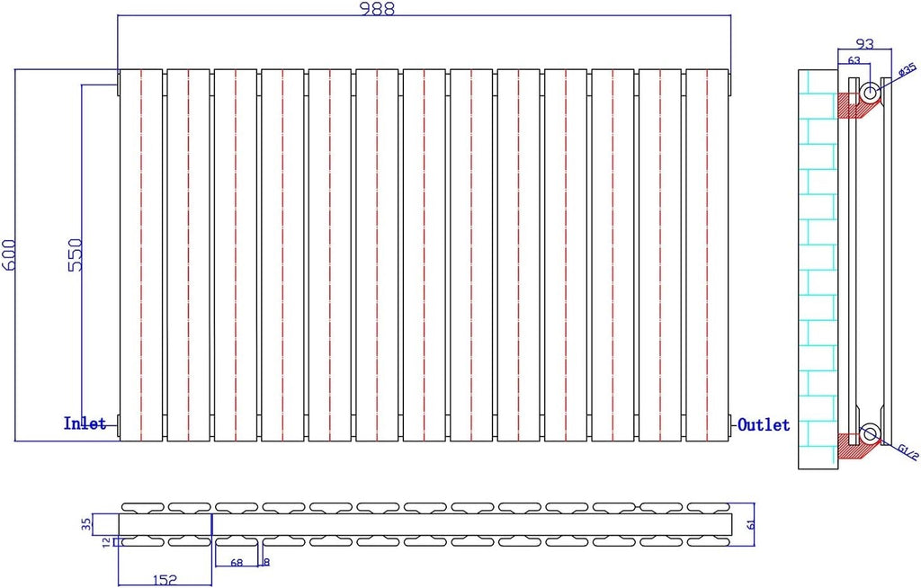 600x988mm White Double Flat Panel Horizontal Radiator Wall or Floor Mount