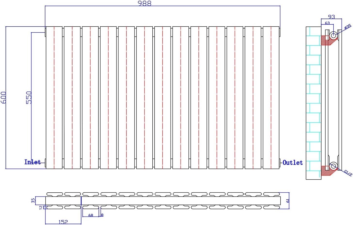 600x988mm White Double Flat Panel Horizontal Radiator Wall or Floor Mount