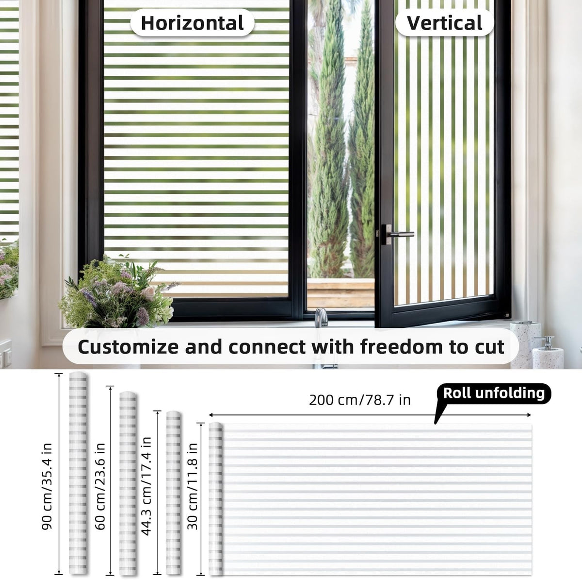 Window Film Privacy Frosted 60x200cm Medium Stripes Static Cling No Glue Glass R