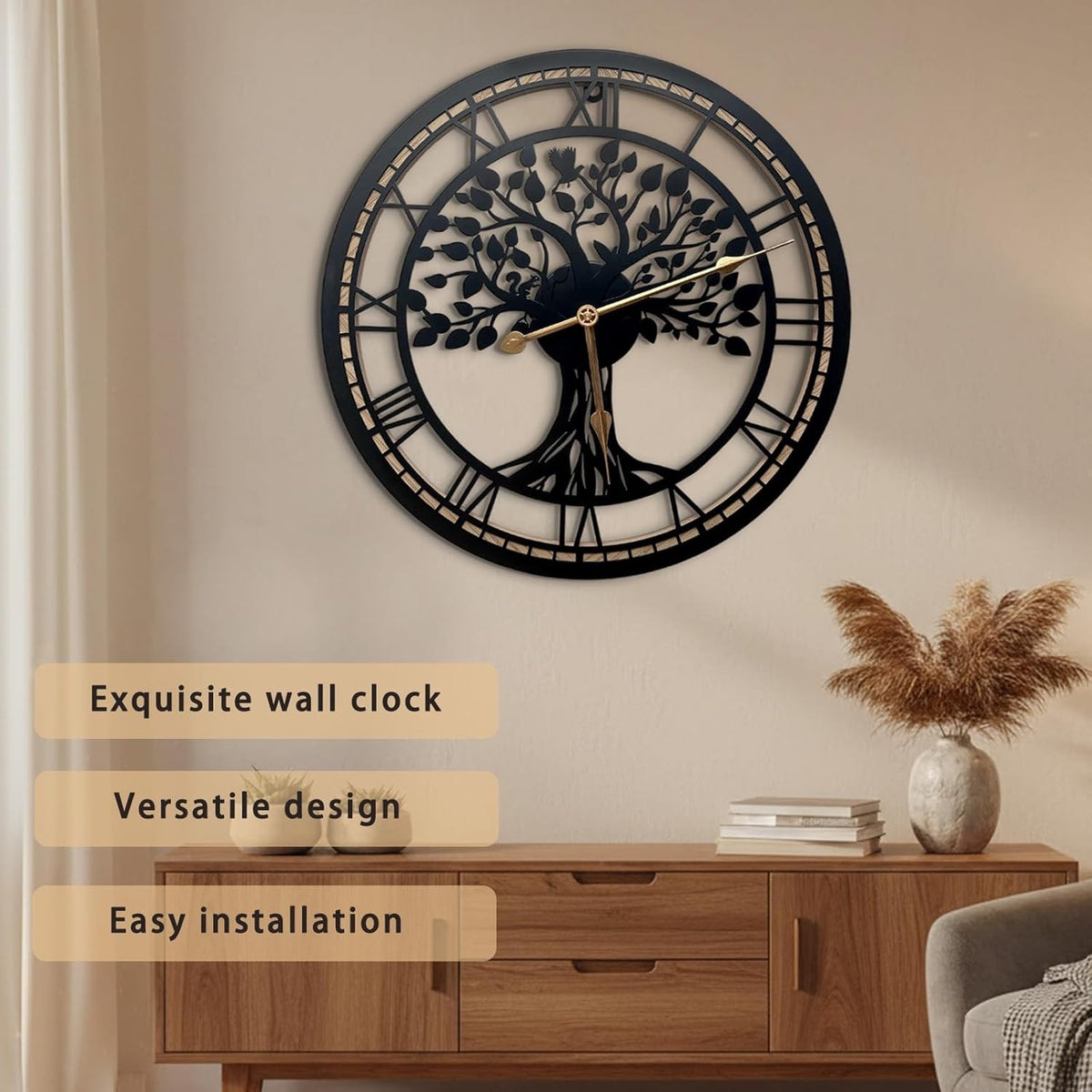 Tree of Life Wall Clock 40cm Large Black Metal Silent Non Ticking Quartz Home
