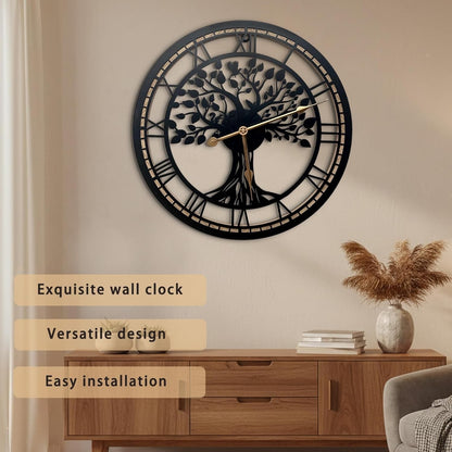Tree of Life Wall Clock 40cm Large Black Metal Silent Non Ticking Quartz Home
