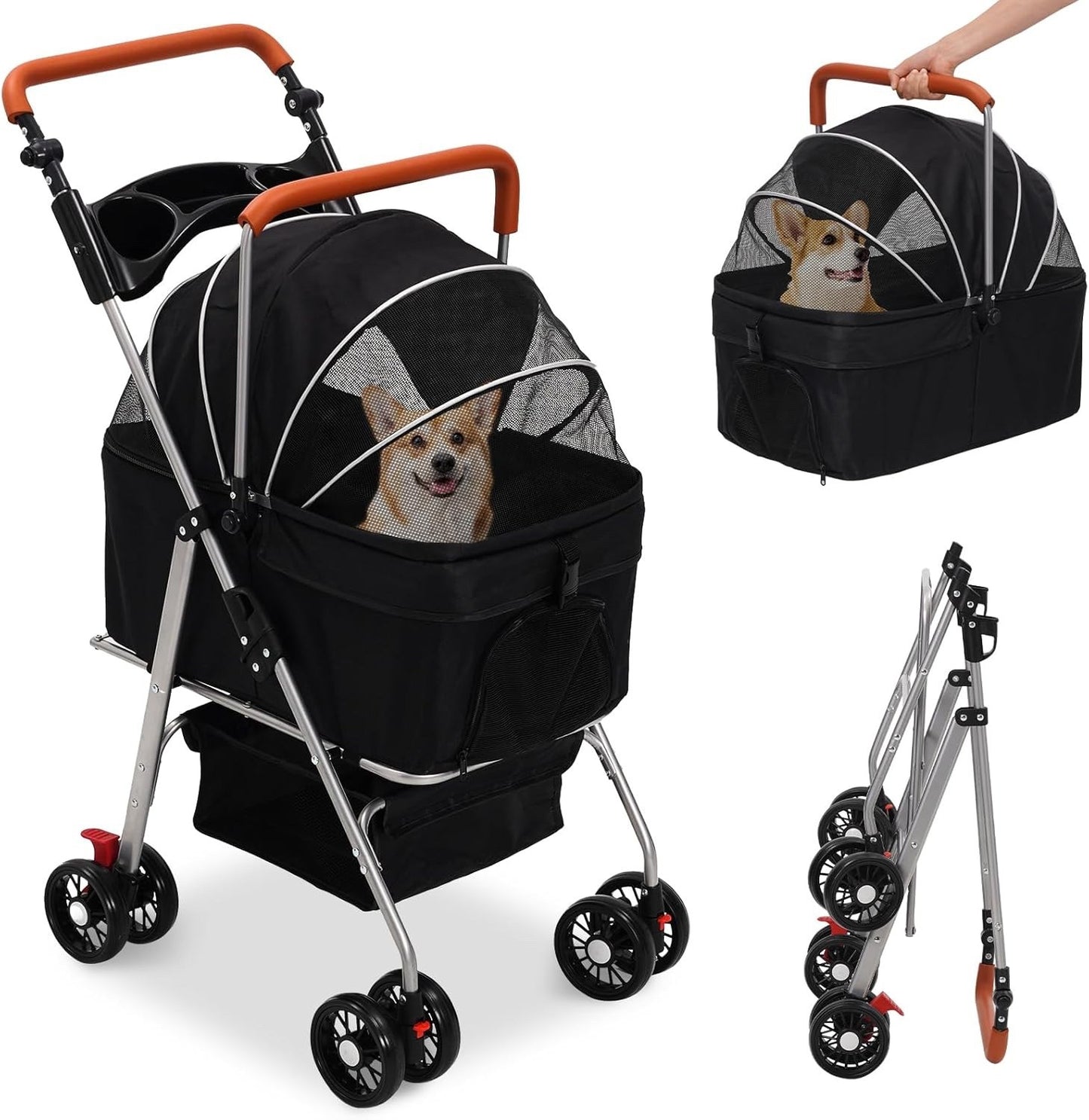 Pet Stroller Foldable Dog Cat Pram 4 Wheel Carrier Detachable Basket Black