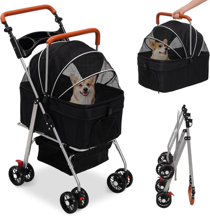 Pet Stroller Foldable Dog Cat Pram 4 Wheel Carrier Detachable Basket Black