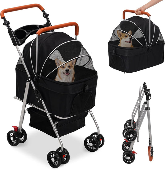 Pet Stroller Foldable Dog Cat Pram 4 Wheel Carrier Detachable Basket Black