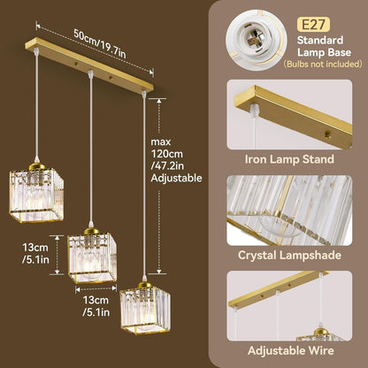 Crystal Chandelier Ceiling Light 3 Lights Adjustable Height E27 Pendant Modern