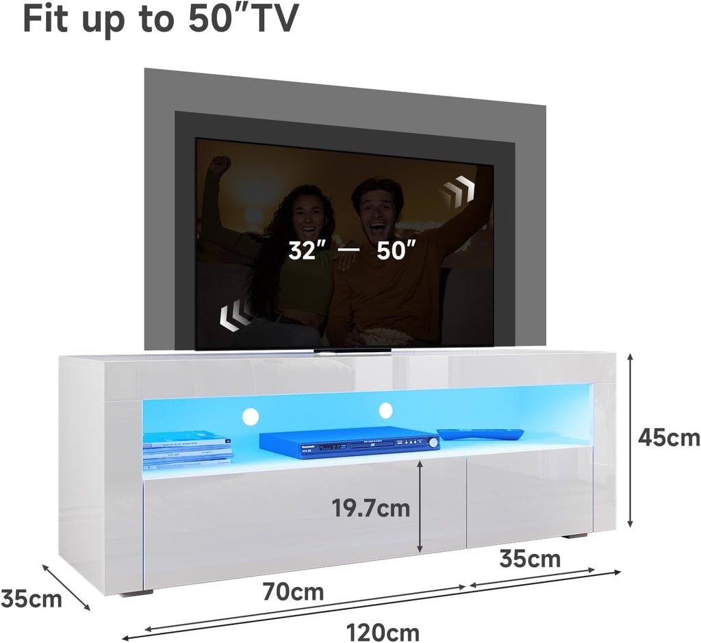 1200mm LED TV Stand White Gloss Cabinet Unit for 32-50 Inch TV Storage