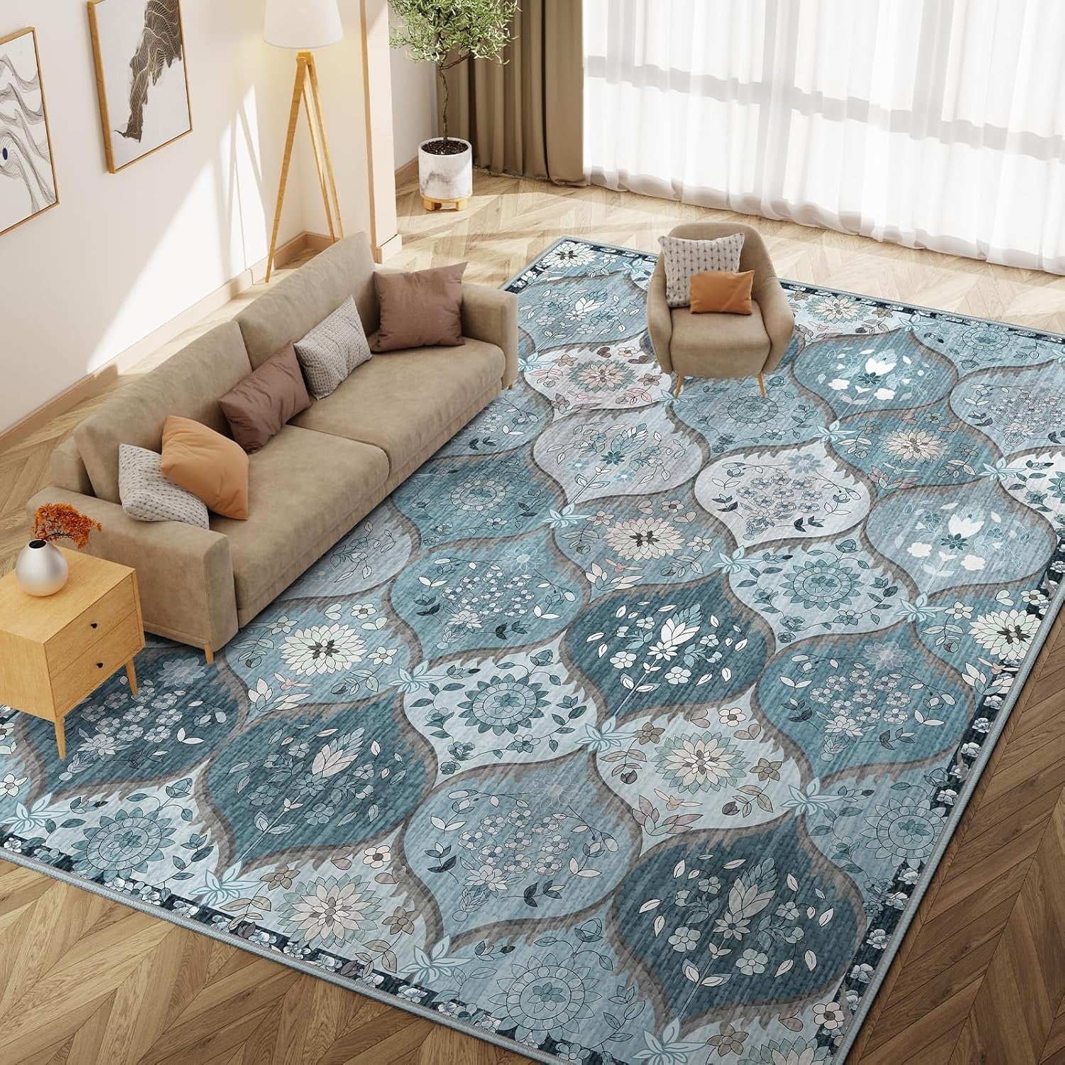 Washable Vintage Rug Large Blue Floral Non Slip Living Room Carpet 200x300cm