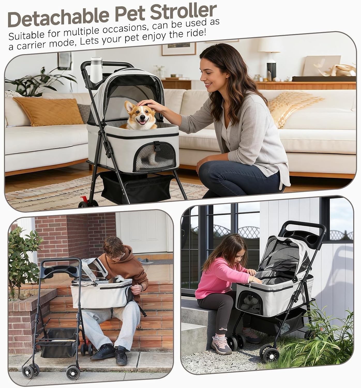 Pet Stroller Dog Pram 3-in-1 Cat Carrier Foldable 15kg Grey 4 Wheel Travel Bag