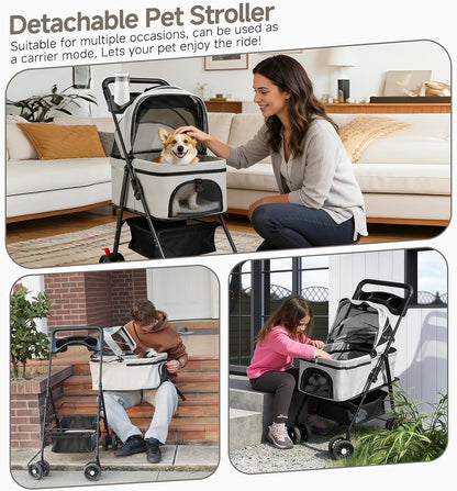 Pet Stroller Dog Pram 3-in-1 Cat Carrier Foldable 15kg Grey 4 Wheel Travel Bag