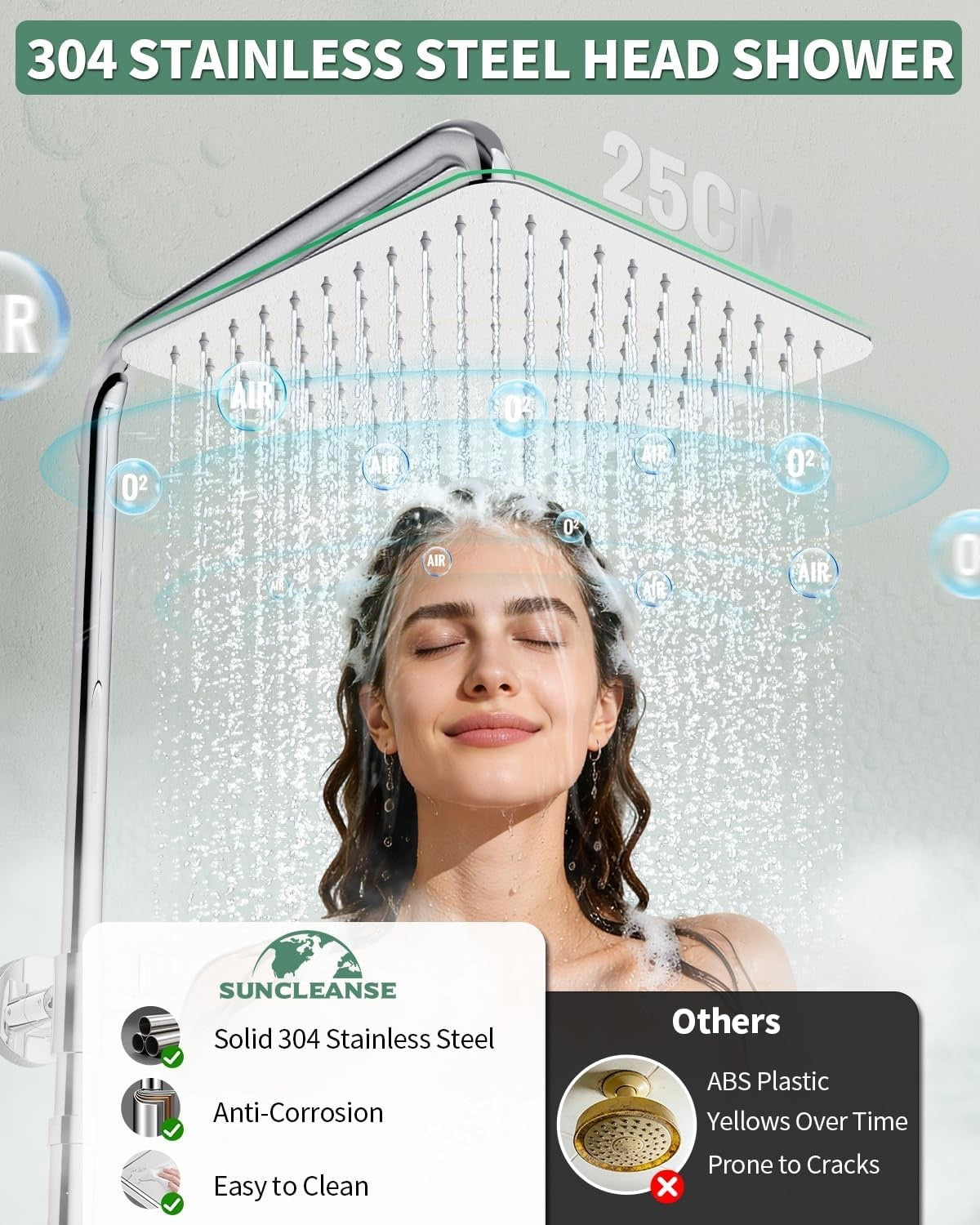 Rain Shower System 25x25cm Square Head Handset Adjustable Rail 75-110cm Chrome