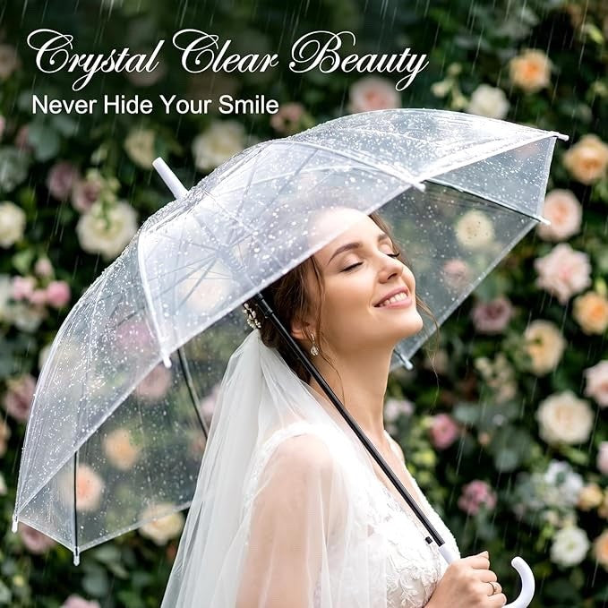 50 Pack Clear Umbrellas Wedding Transparent Dome White Handle Semi Automatic