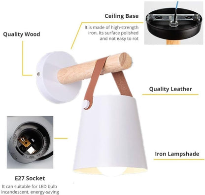 Wall Light Sconce LED E27 Wooden Leather Modern Bedroom Bedside White Lamp