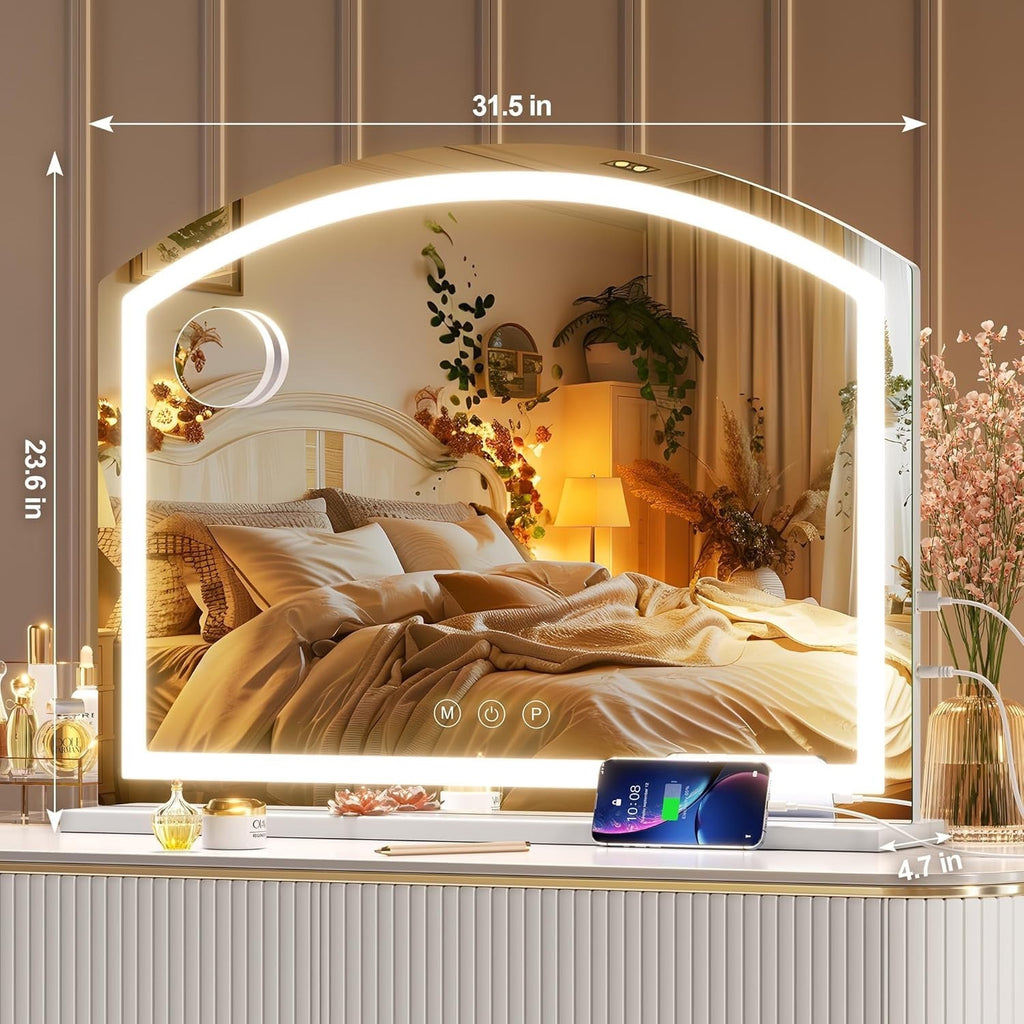80x60cm Arch LED Vanity Mirror 10X Magnify 3 Color Dimmable USB Makeup