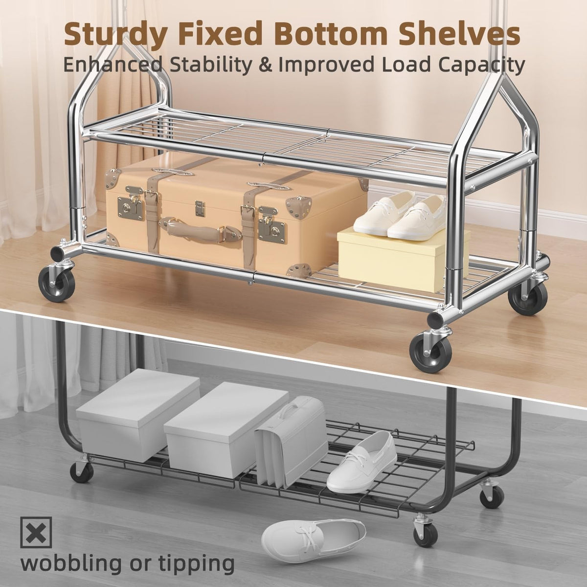 Clothes Rail Garment Rack Heavy Duty Metal Silver with Wheels 3 Storage Shelves