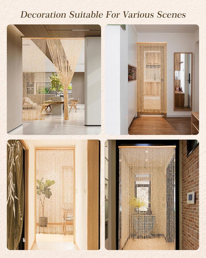 Bamboo Beaded Door Curtain 90x195cm 52 Strands Beige Wooden Fly Screen Doorway