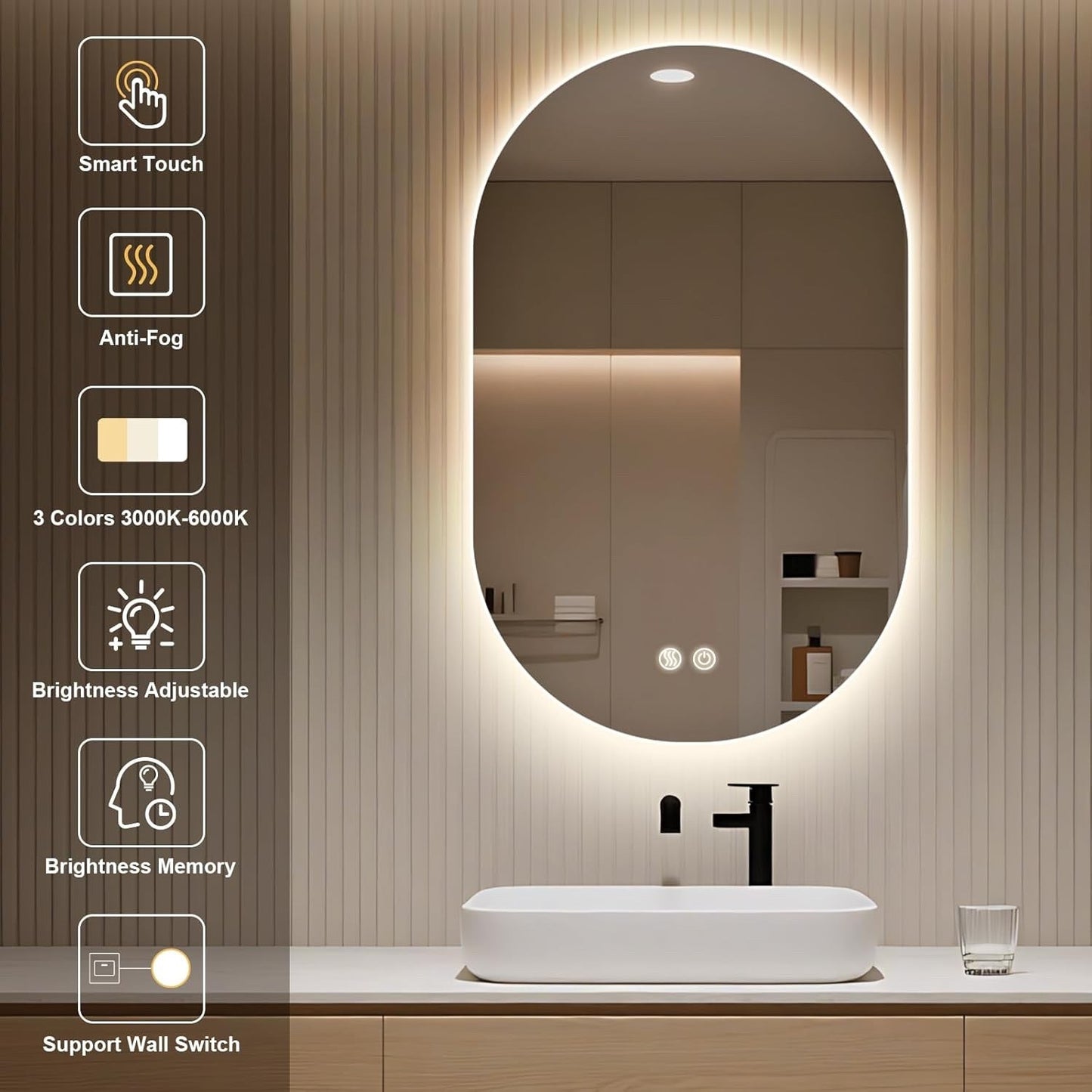 LED Bathroom Mirror Oval 500x800mm Anti Fog Dimmable 3 Color Backlit Vanity
