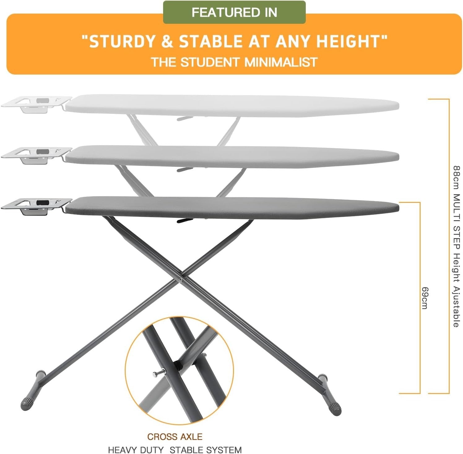 Ironing Board Foldable Full Size 131x33 Adjustable Height Non Slip Legs Grey