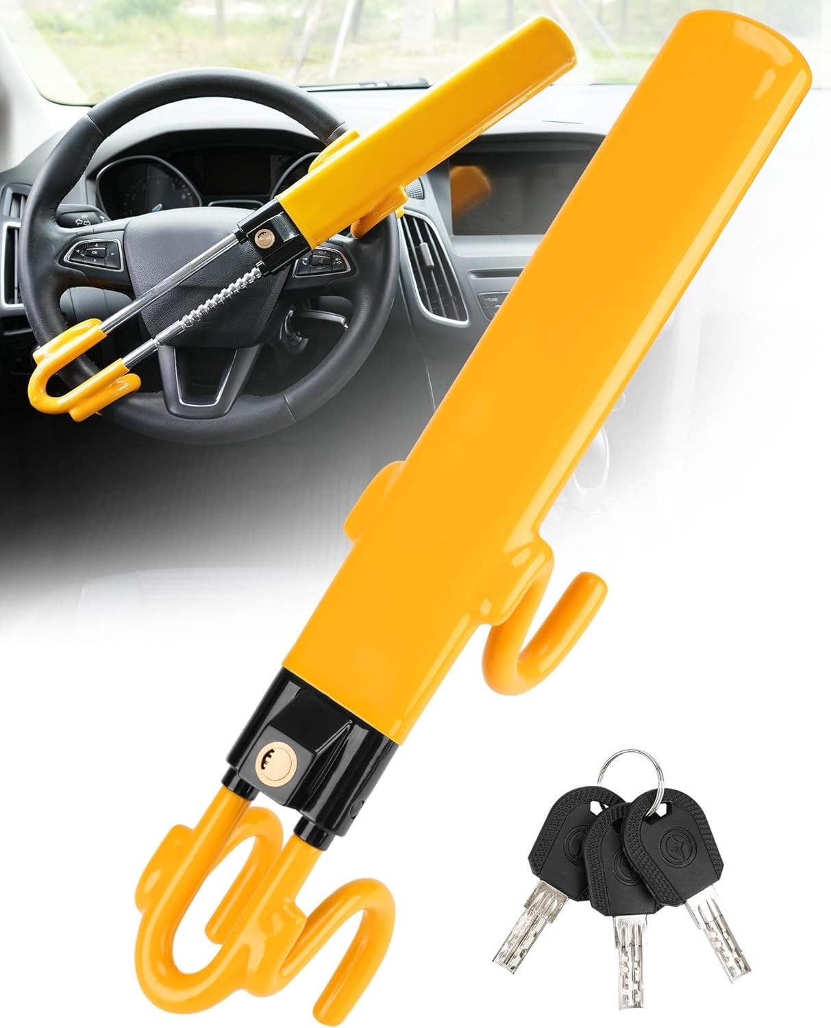Steering Wheel Lock Heavy Duty Twin Bar Anti Theft Adjustable Universal 3 Keys