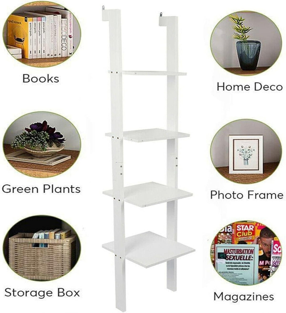 Ladder Shelf Bookcase Rack 4 Tier Tall Leaning Open Storage Black 160cm