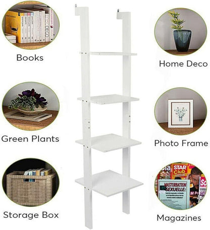 Ladder Shelf Bookcase Rack 4 Tier Tall Leaning Open Storage Black 160cm