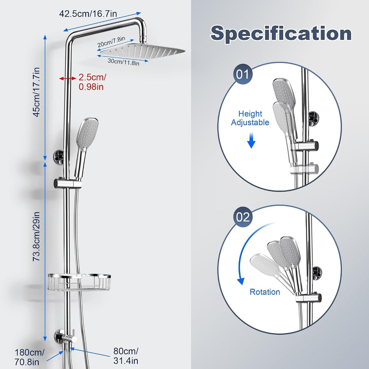 Rain Shower System 12" Rectangular XXL Stainless Steel Hand Shower Hose Rail
