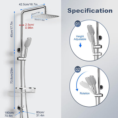 Rain Shower System 12" Rectangular XXL Stainless Steel Hand Shower Hose Rail