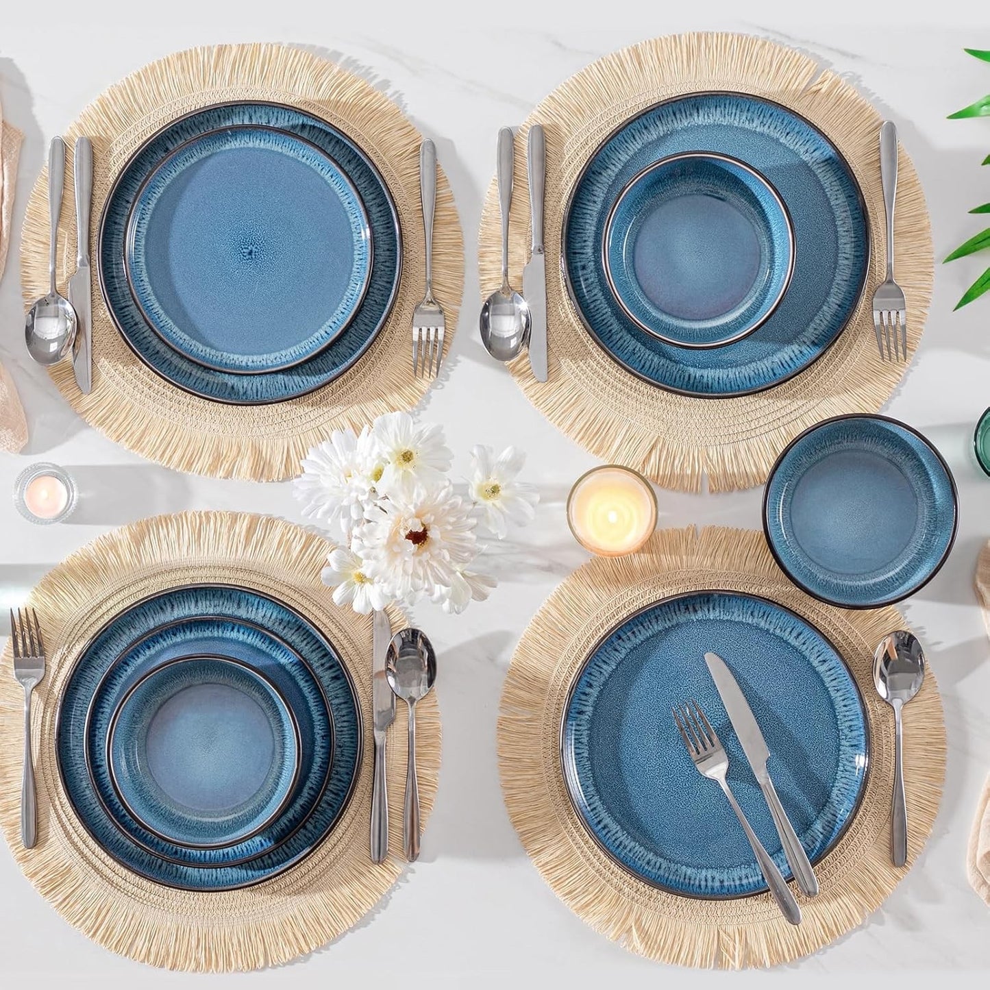 Ceramic Dinner Set Plates Bowls Blue Reactive Glaze Stoneware Tableware 17pc