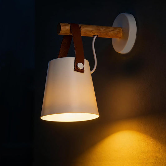 Wall Light Sconce LED E27 Wooden Leather Modern Bedroom Bedside White Lamp