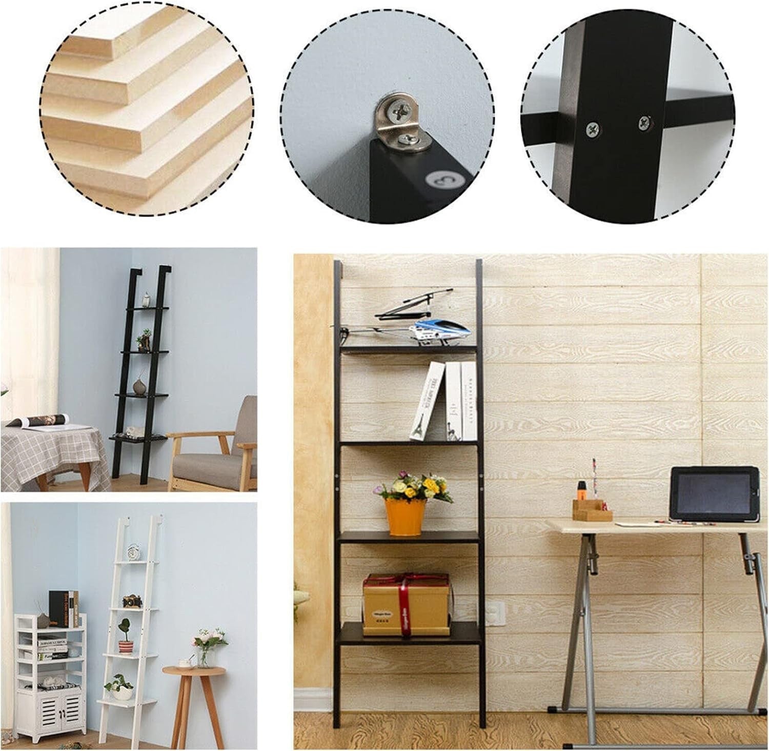 Ladder Shelf Bookcase Rack 4 Tier Tall Leaning Open Storage Black 160cm