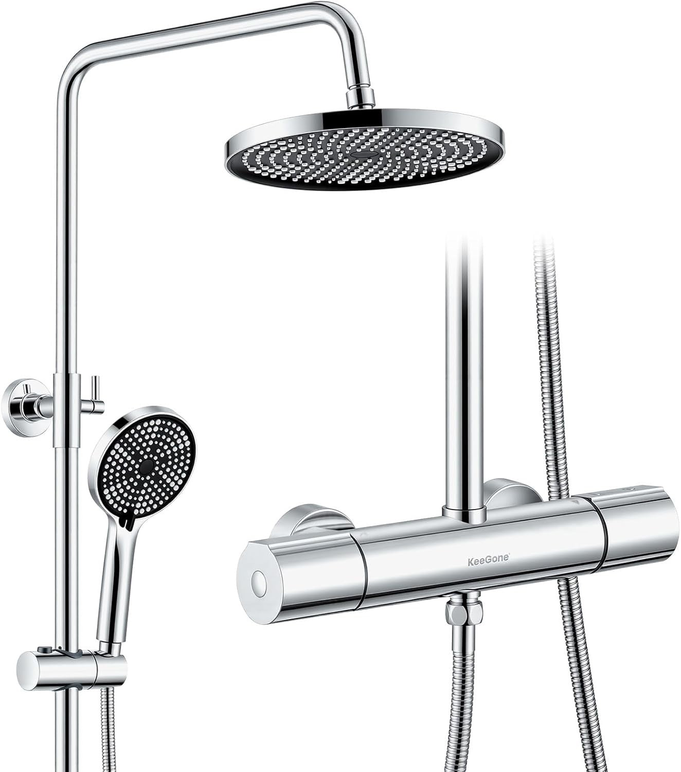 Thermostatic Shower System Chrome 25cm Rainfall Handheld 3 Spray Modes Rail
