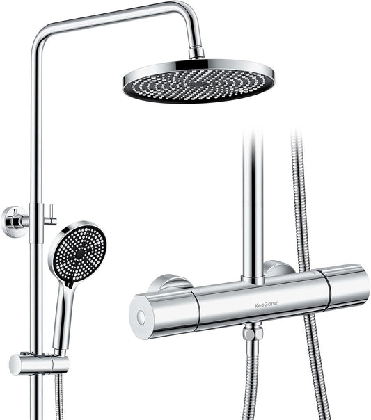 Thermostatic Shower System Chrome 25cm Rainfall Handheld 3 Spray Modes Rail
