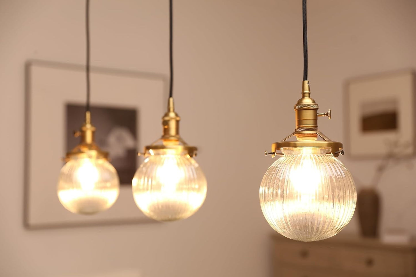 Industrial Pendant Ceiling Light 3 Head Ribbed Glass Antique Gold E27 Hanging