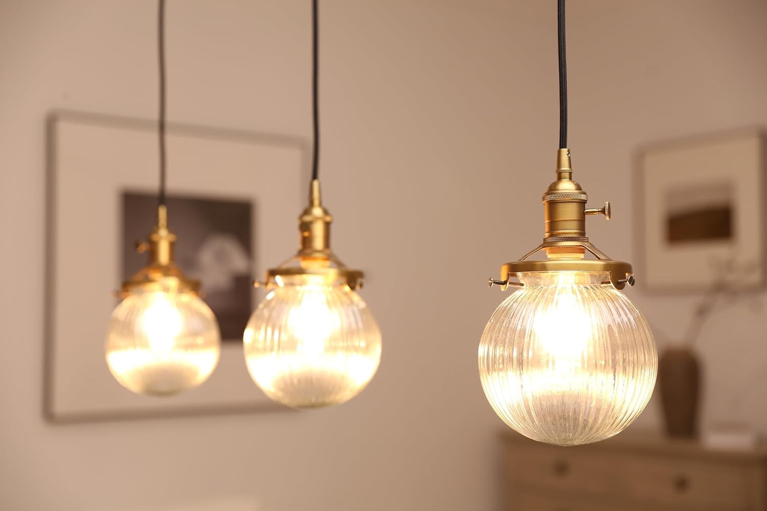 Industrial Pendant Ceiling Light 3 Head Ribbed Glass Antique Gold E27 Hanging